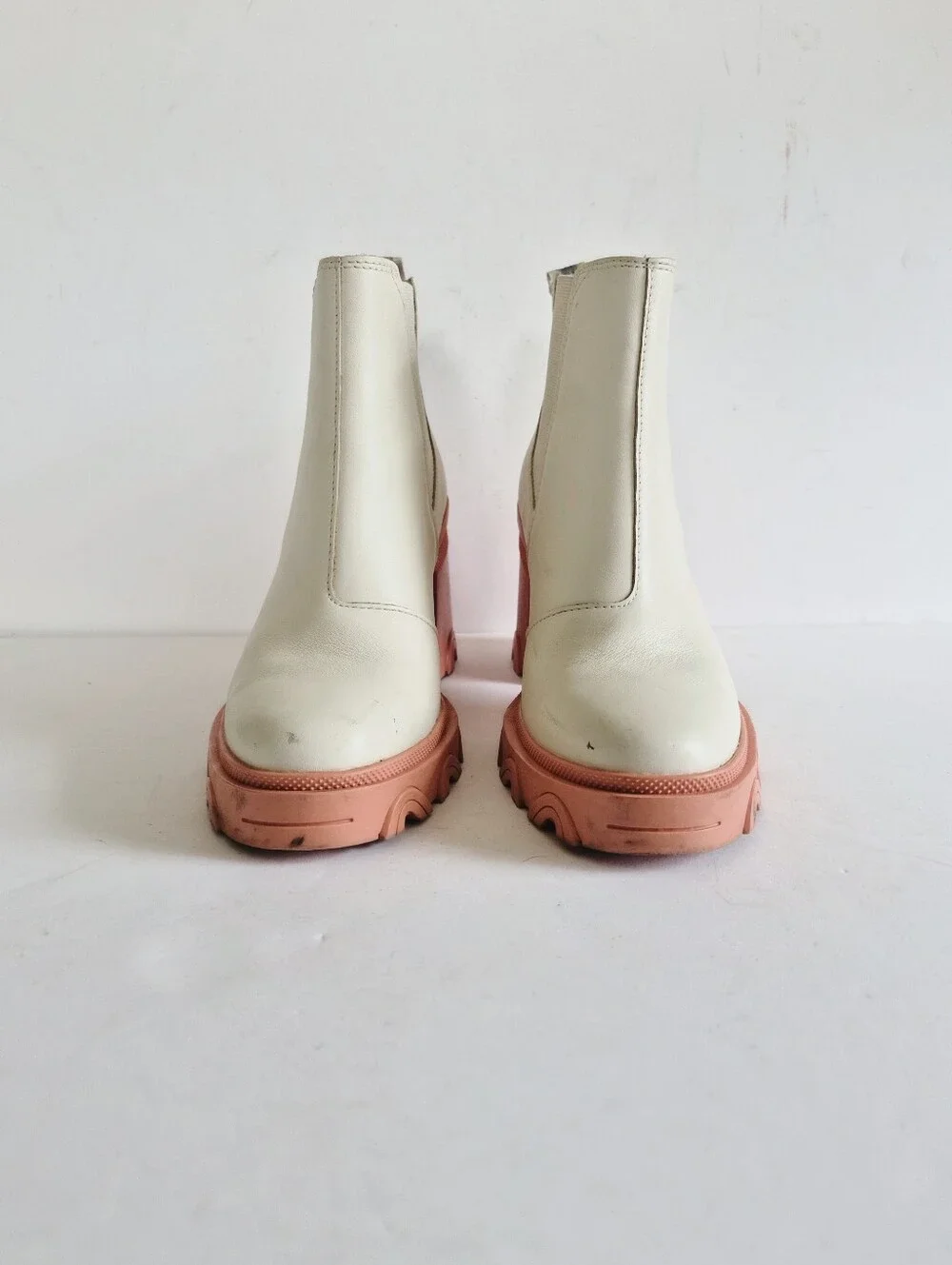 Sorel Brex White Chelsea Natural Pink Waterproof Chunky Heel Boots Size 8.5